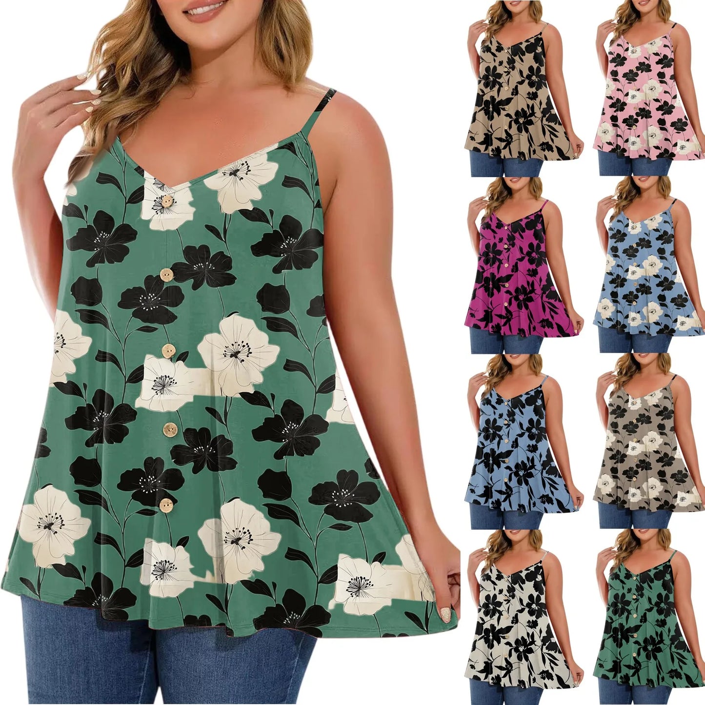 Plus size women's casual top with adjustable shoulder straps v-neck sleeveless top fashion printed Top.   0X-5X