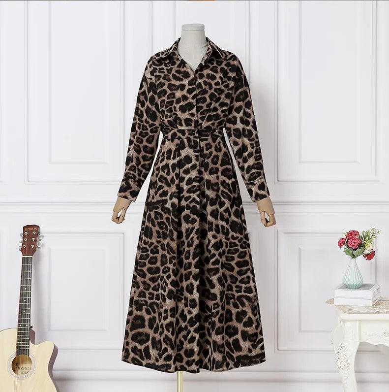 Women Fashion Leopard Print Long Sleeve Swing long Elegant Dress .  S-5X