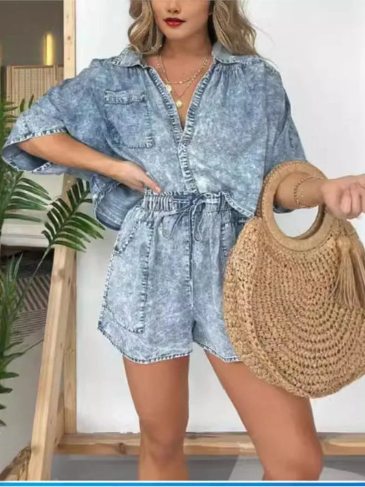 Fashion Vintage Simple Fashion Pocket Casual Loose 2 Piece Set.   S-3XL