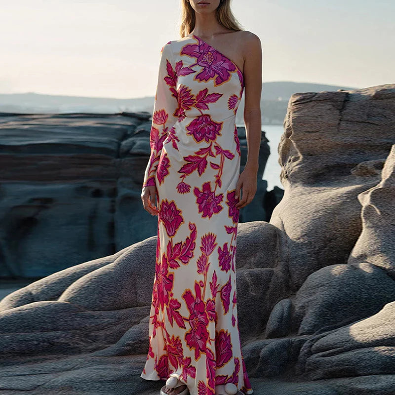 Fashion Floral Printed Holiday /Party Dress 2025 Women Elegant Long Dress Sexy One Shoulder Dress.  Vestidos  S-XL