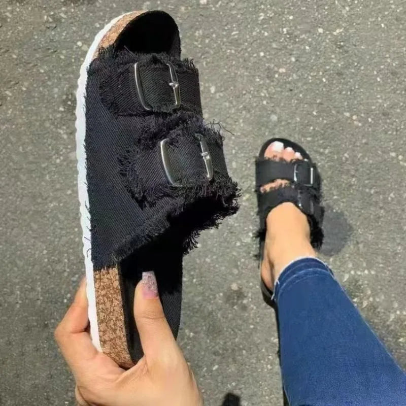 2025 Summer Women Fashion Designer Female Canvas Metal Buckle Flat Soft Sole Sandals.