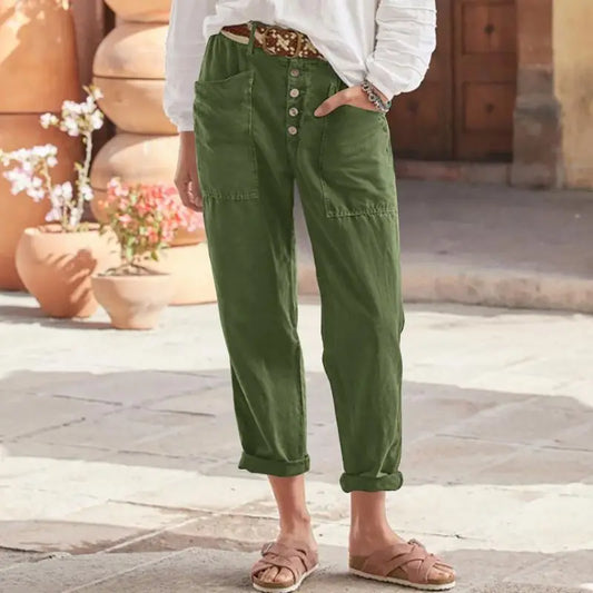 Women's New Casual Pants With Button Cotton And Linen Loose Casual Solid Colour Comfortable Loose Fit Cropped Pants.  S-3X