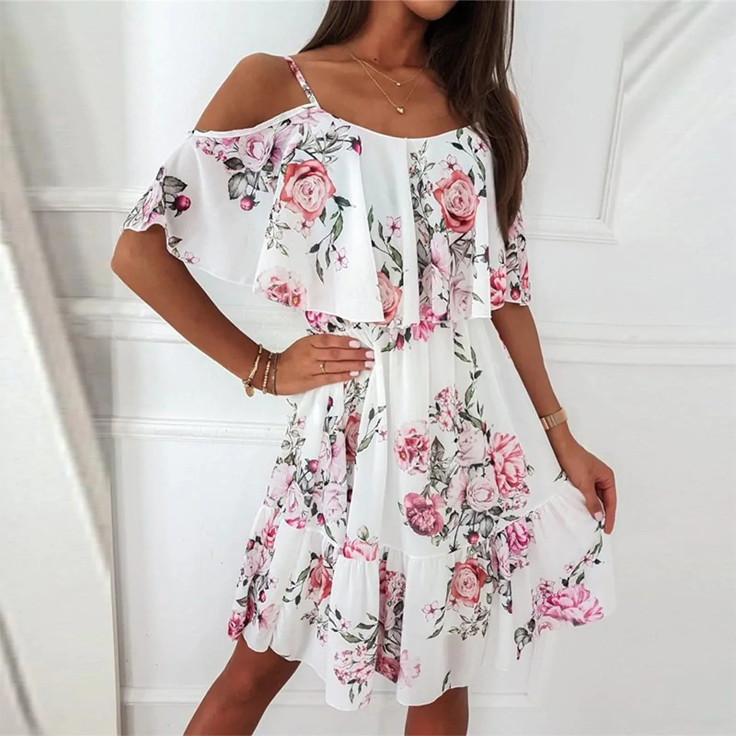Women'S Spring/Summer New European Chiffon Printed Sexy Off Shoulder Strap Large Swing Ruffle Edge Dress.  S-2x