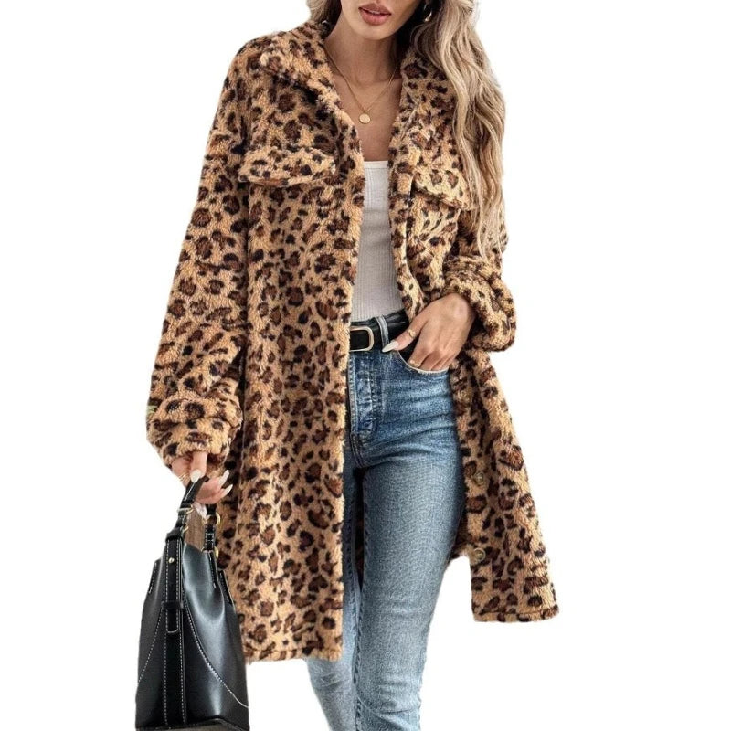 Women Mid Length Leopard Print Coat - Turn Down Collar Warm Autumn Winter S-XL