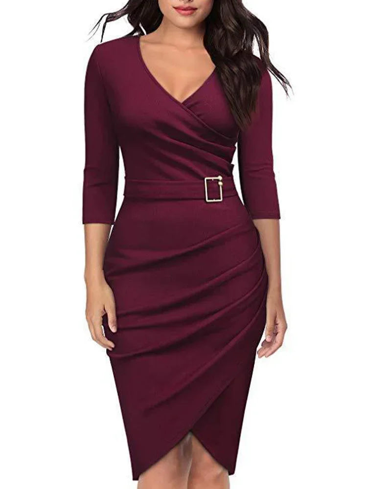 Elegant Fall Bodycon Women Long Sleeve V Neck Slim Fit Dress.  S-3X