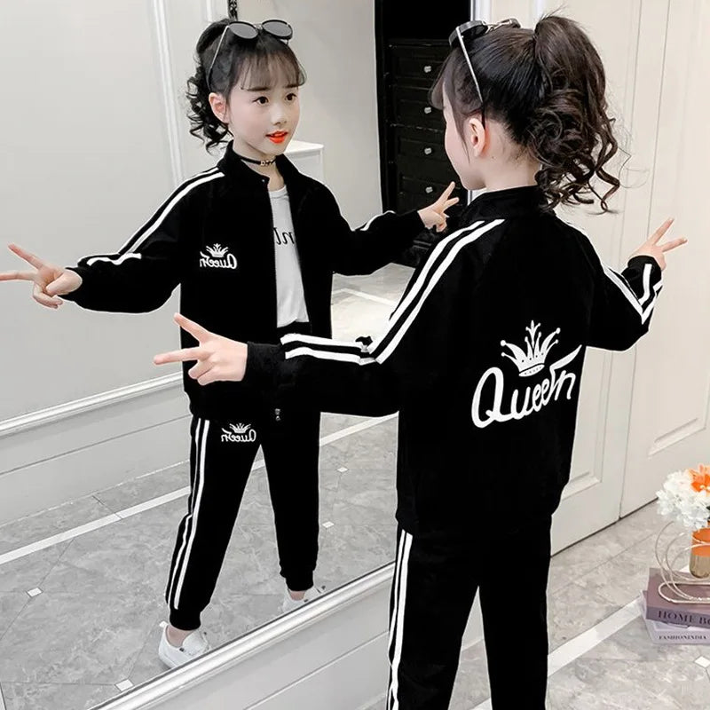 2025 teens autumn spring Girls Teenager tracksuit sport crown letter striped zipper Coat Jacket + skinny pant 5 6 7 8 9 10 year