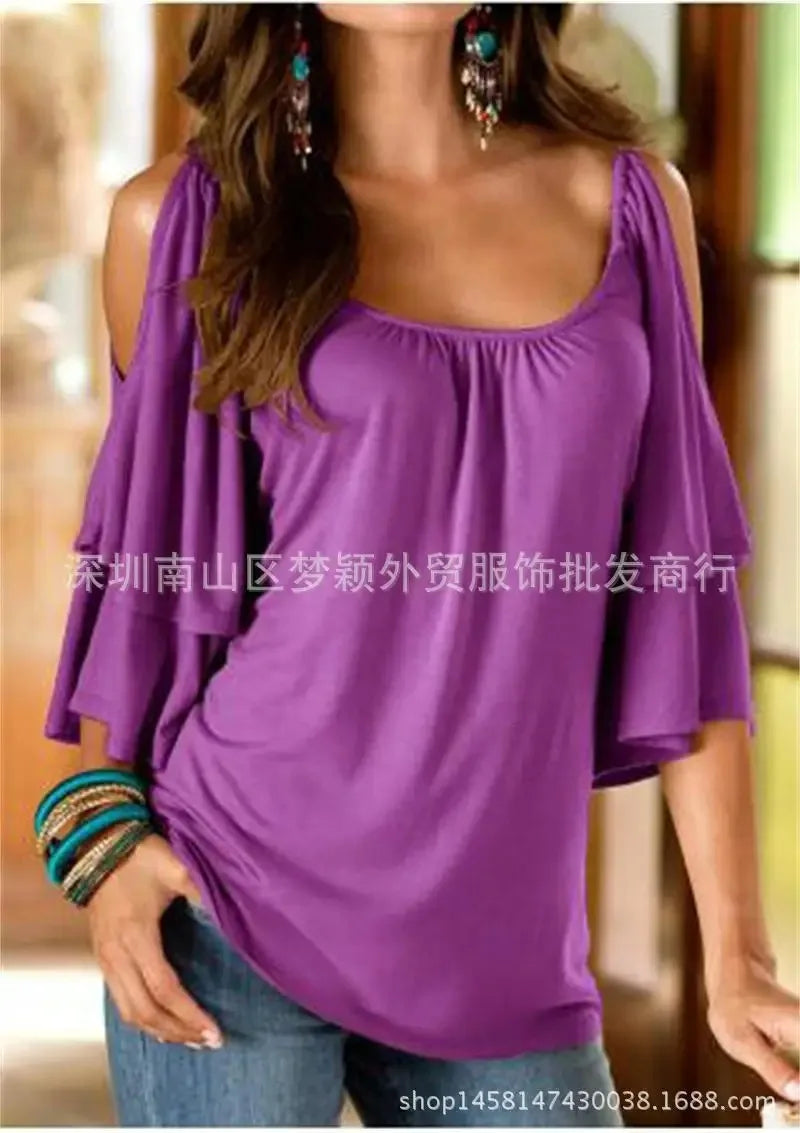 Women's Cotton T Shirt Short Sleeve Solid Colour With Beautiful Cut Out Shoulder