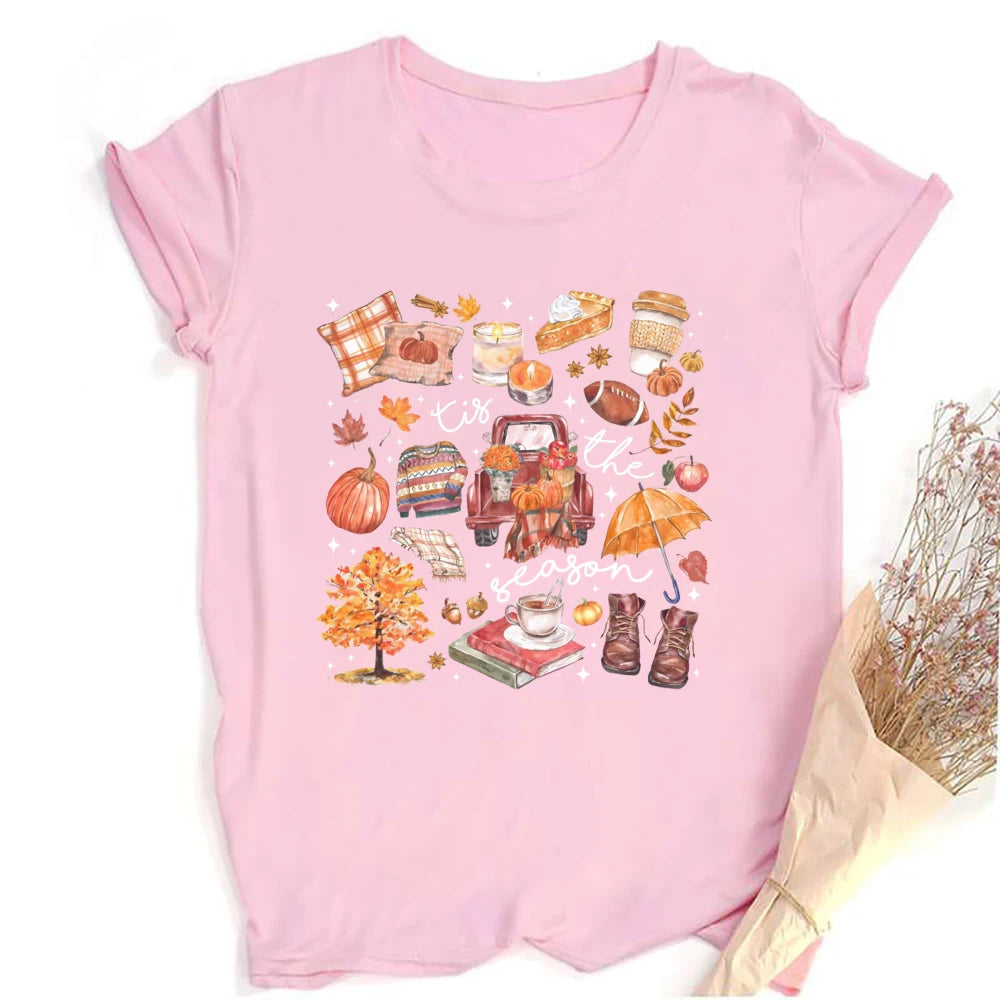 Women's Fall Shirt Pumpkin Season Short Sleeves Fashion Fall Harvest  Tshirt .  S-2X