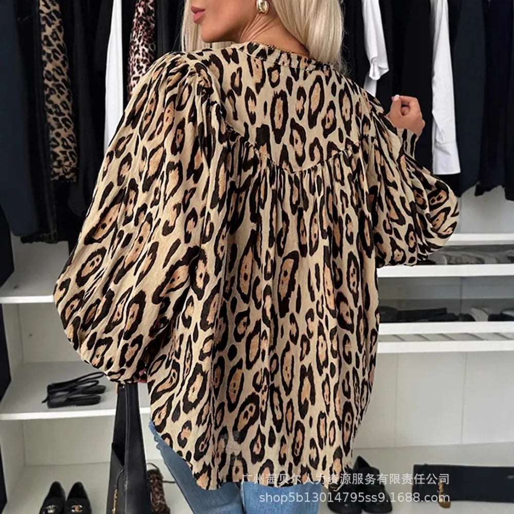 Women Leopard Print Blouse Full Sleeve Casual Loose Elegant Shirt.  S-XL
