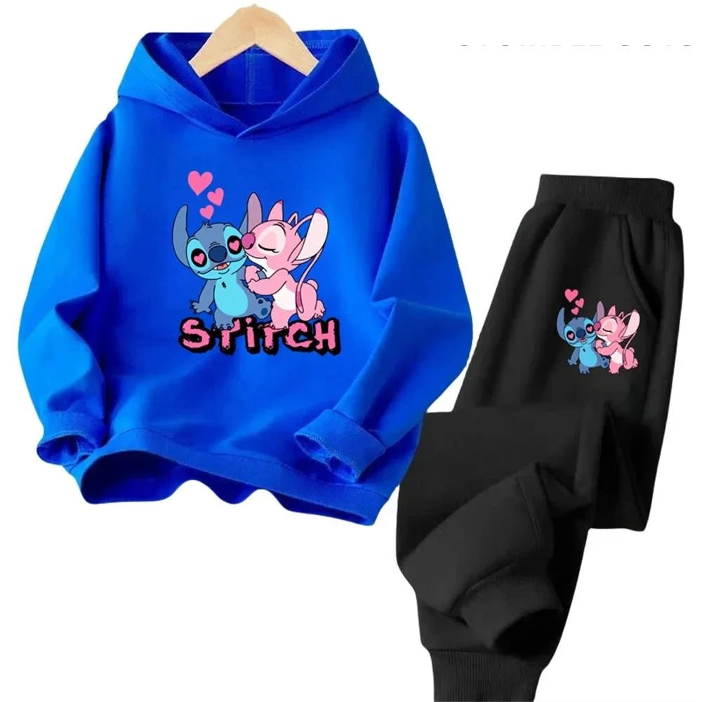 Kawaii Stitch Hoodie For Girls Casual Long-sleeves Sweatshirt+long Pants Sets for 2-13 Years Kids Autumn 2pcs Set Clothing