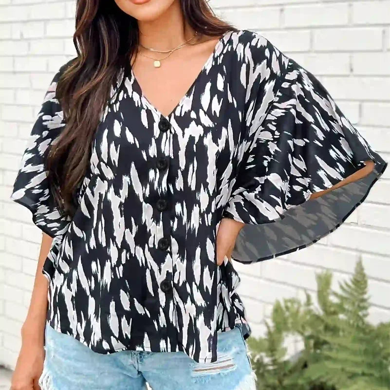 Plus Size Women's Blouse V Neck Casual and Fashionable Summer Blouse