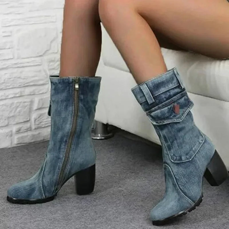 New Denim Style Casual High Heel Boot