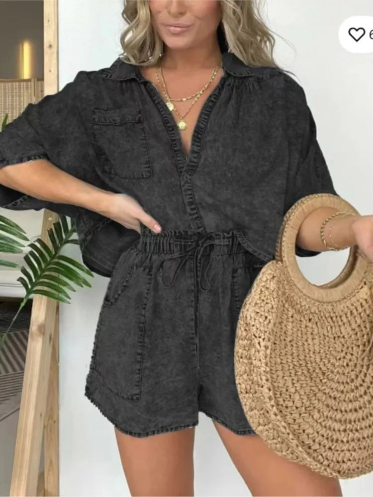 Fashion Vintage Simple Fashion Pocket Casual Loose 2 Piece Set.   S-3XL