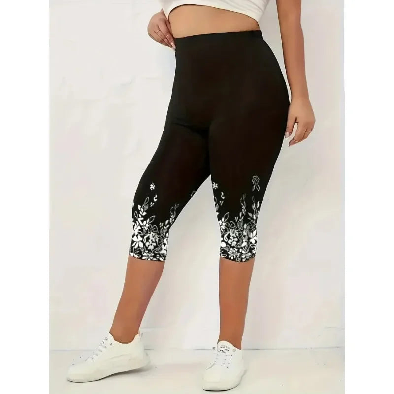 Ladies Casual Slim Fit Capri Leggings, Fashion Floral Print High Waist.