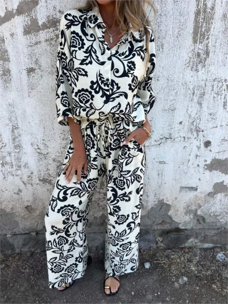 Women's Printed Long-sleeved Shirt And Pants 2piece Elastic Waist Pocket Pants Casual Suit.  S-3X