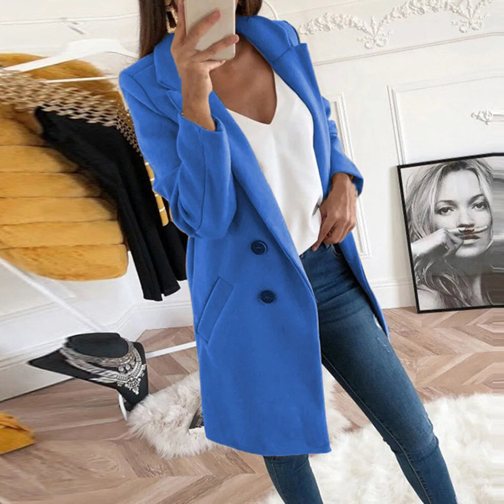 Thermal Solid Woolen Coat Women Turn-down Collar Mid-Length Plus Size Double-breasted Thick Coat