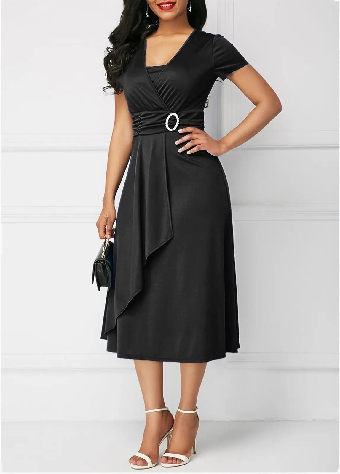 Elegant Women Solid Color Short Sleeve V Neck Asymmetric Hem Waist Tight Midi Party .  S-2X