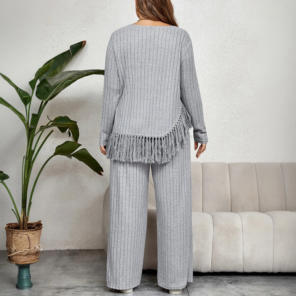 Plus Size 2 Piece Women Pants Set Loose Ribbed Long Sleeve Tassel Irregular Hem Top And Pants