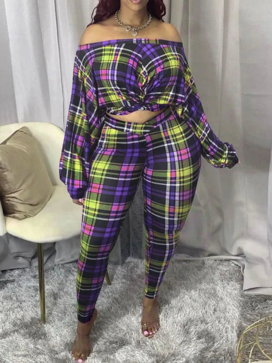 Plus Size Trendy Dew Shoulder Grid Print Purple Two-piece Pants Set Neck Bubble Sleeve Top