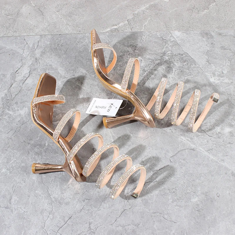 Fashion Women Sandals Summer New Crystal Snake Ankle Around Heels Stiletto Sexy Party Women's Sandals 9CM