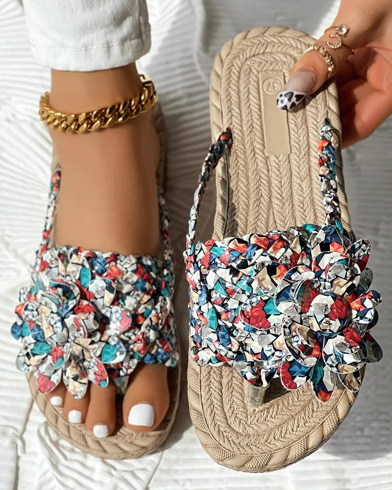 Women Solid Or Ombre Pattern Braided Casual Sandal Holographic Braided Floral Pattern