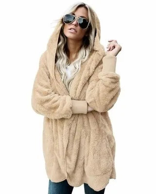 Double Fleece Cardigan Solid Colour Long Sleeve Plush Warm Hooded Lady Oversized Outerwear Coat.  S-5X