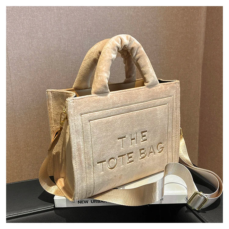 Women's Velour Tote Original Letter Print Square Stylish Soft Shoulder Bag