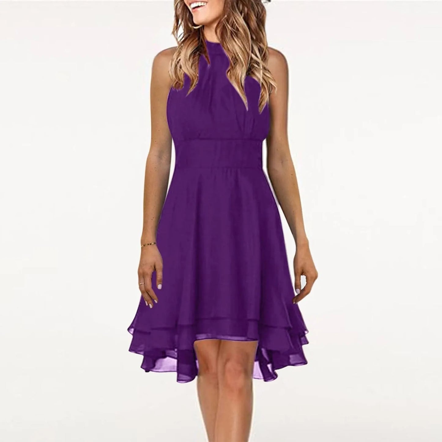 Summer Elegant Women Dress High Waist Sexy Layered Solid Halter Casual Sleeveless Party Dress.  S-3X