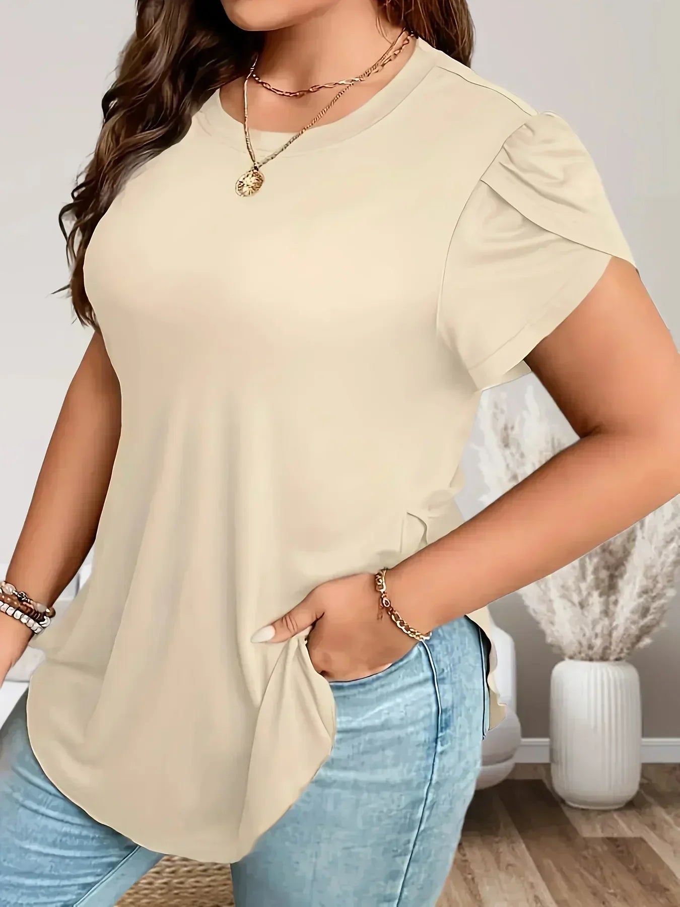 Women Plus Petal Sleeve Curved Hem Shirt Fashionable Style
