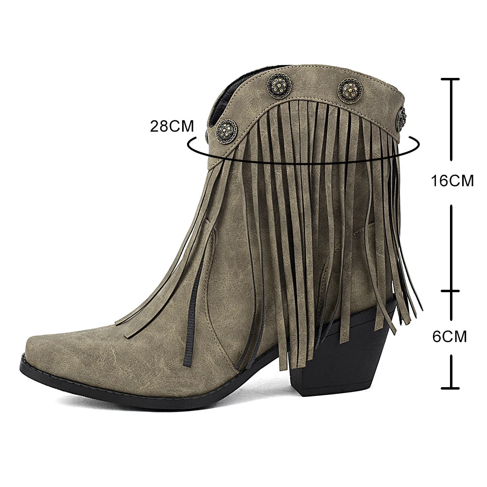 Cowboy Short Boot For Women PU New Tassel Chunky Heel Western Fashion Slip-on  Boots