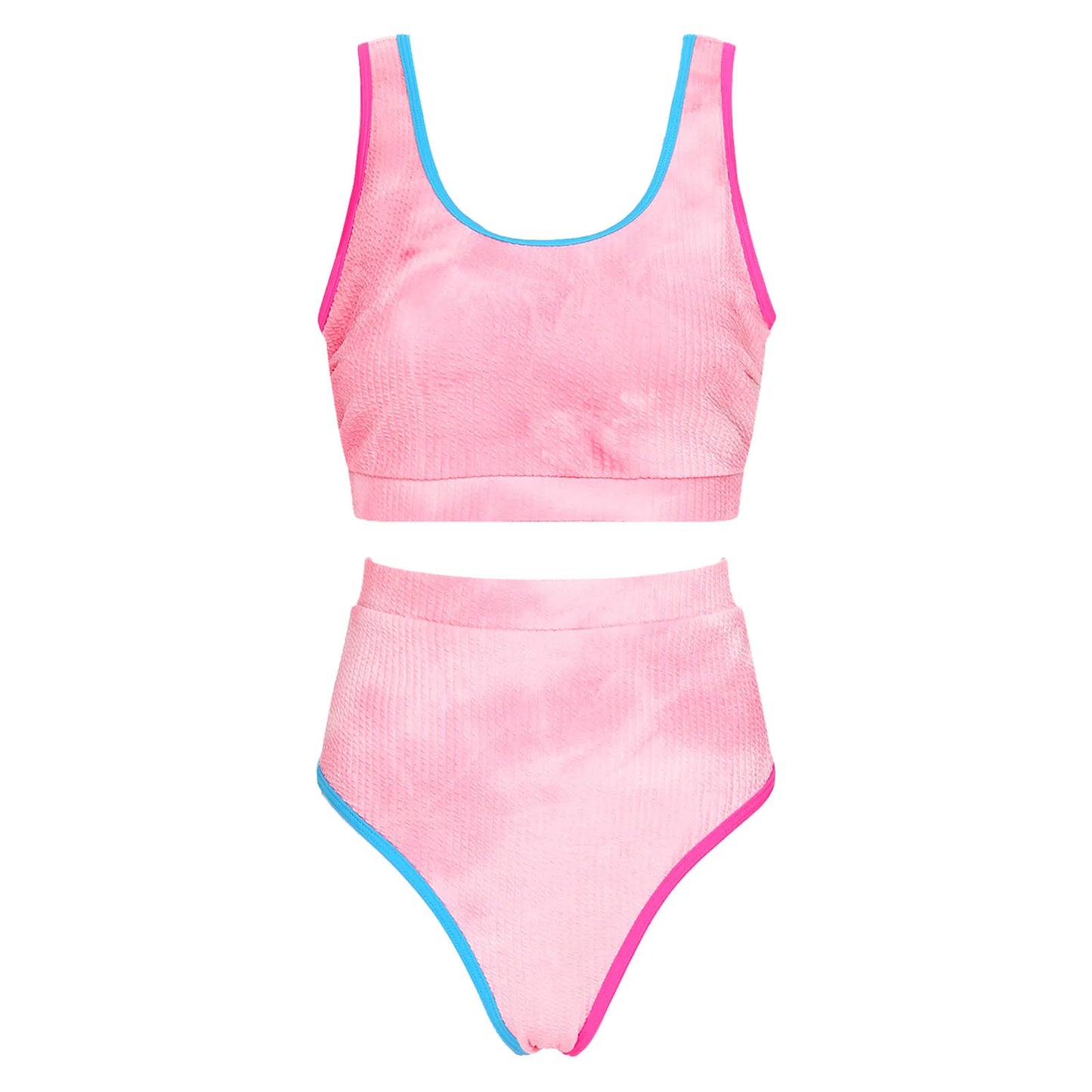 Womens Plus Size Sporty Swimsuit Two Pieces U Neck High Waisted Tankini Set Color Contrast Beach Swimming Bathing Suit Swimwear