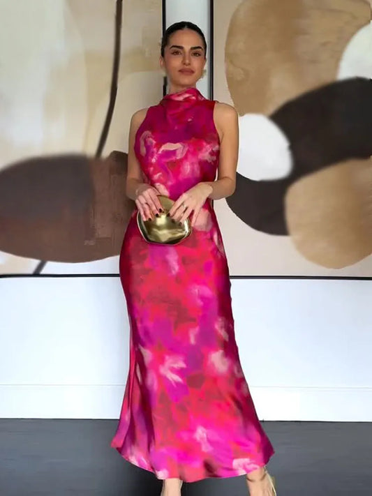 TRAFZA Women 2025 Spring New Silk Satin Texture Print Sleeveless Midi Dress Female Light Luxury Elegant Slim Long Dress Mujer