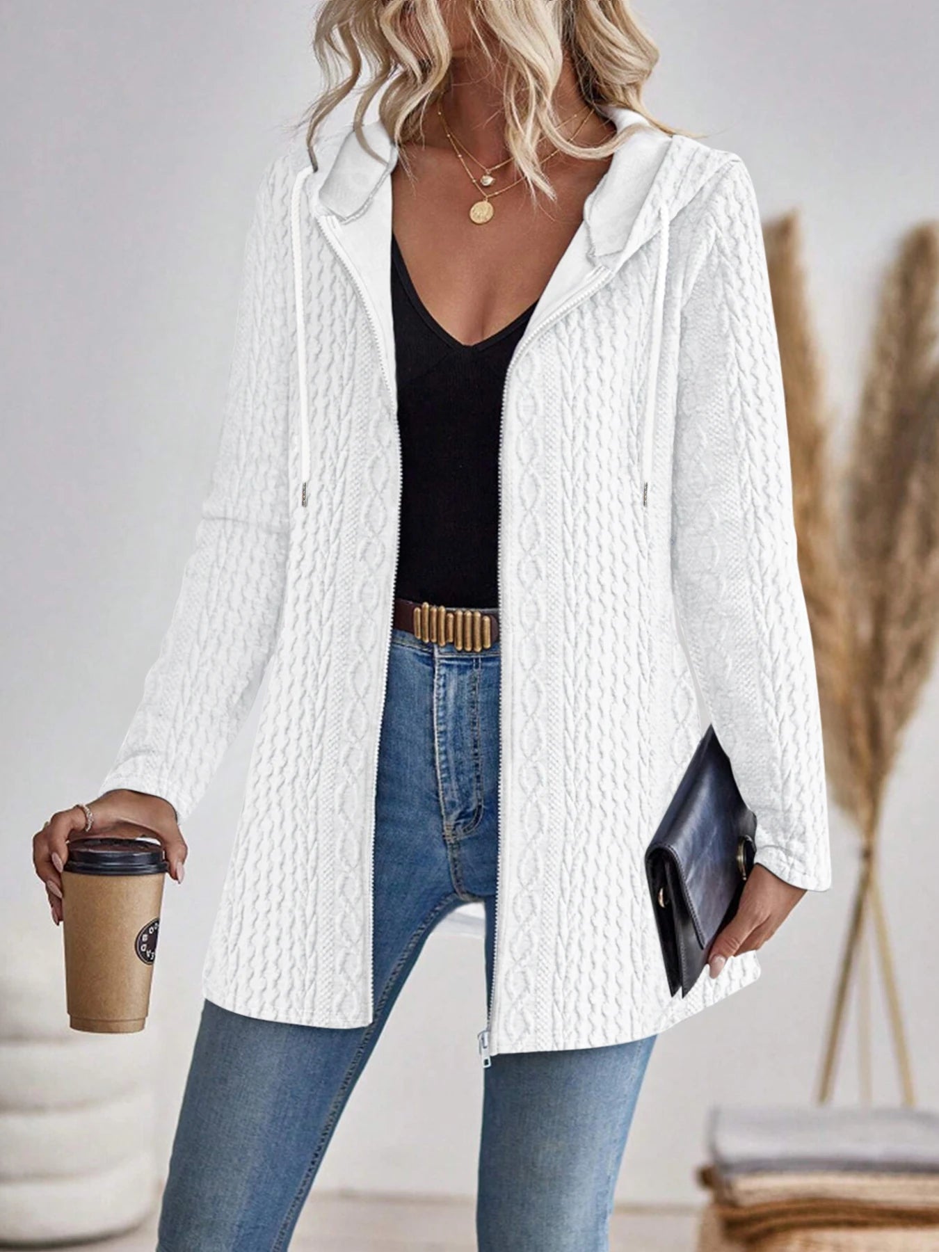 Elegant directional women's fashionable texture solid colour zipper hooded zip-up.  S-2x