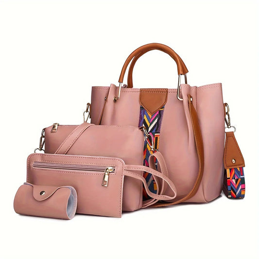 4pc Large Capacity Luxury Women's Shoulder Bag Fashion Coloured Ribbon Patchwork Tote Bag
