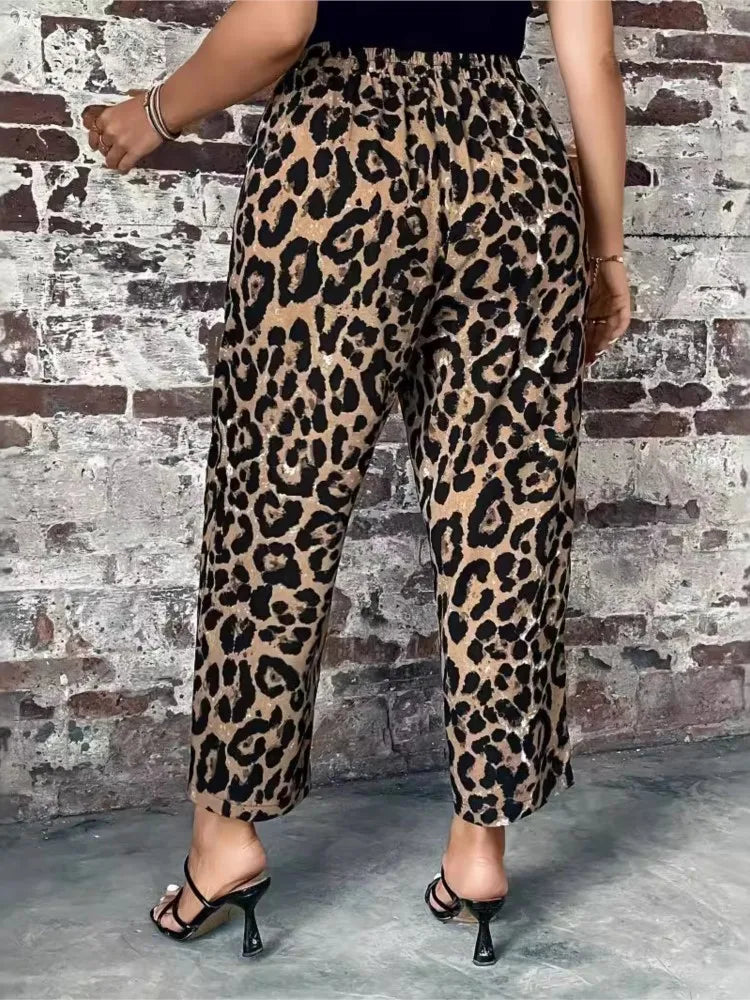 Plus Size Leopard Print Summer Elastic High Waist  Women Casual Fashion Ladies Trousers Loose Pleated Pants