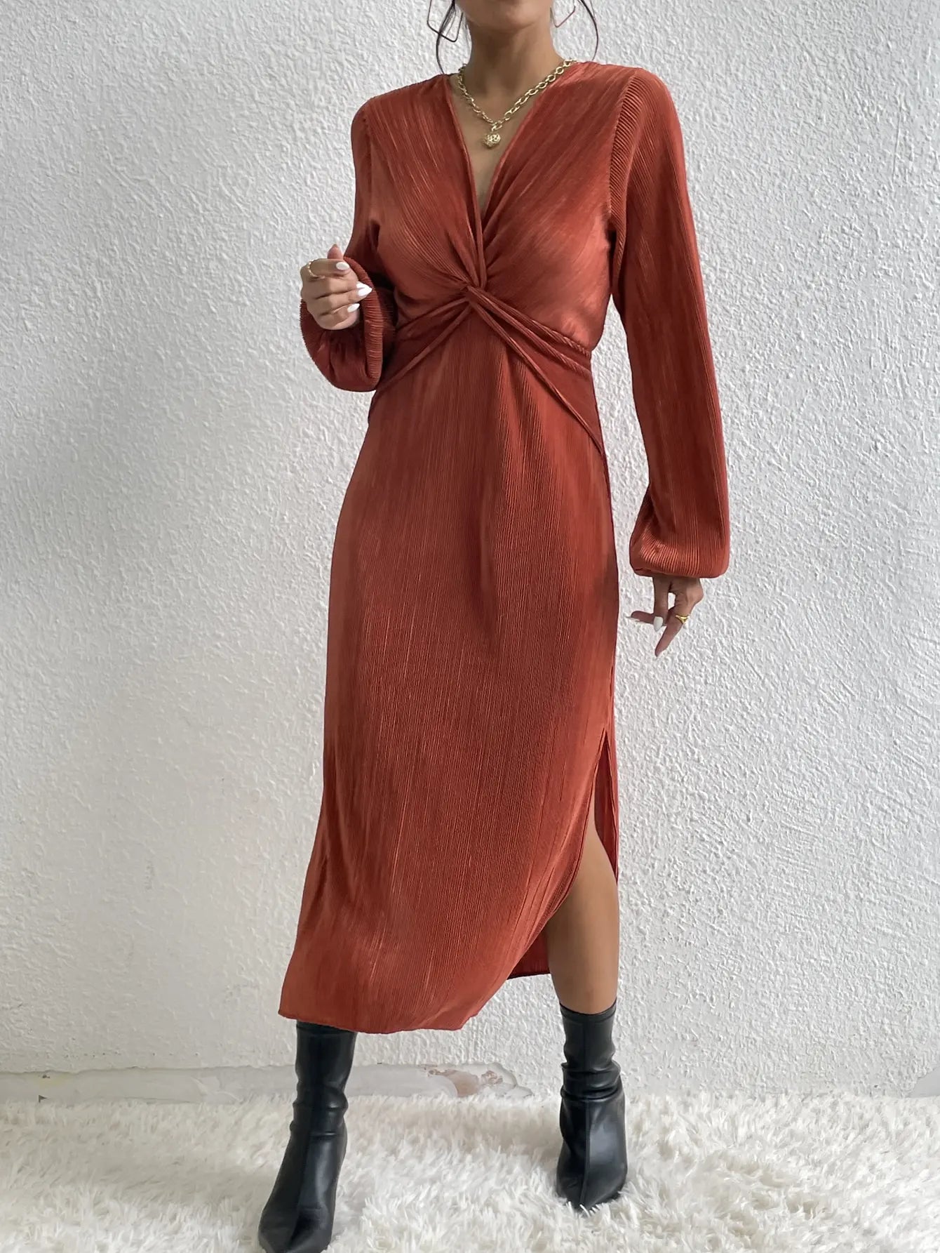 Midi Dress Long Sleeve Party Dress Front Cross Sexy Elegant .