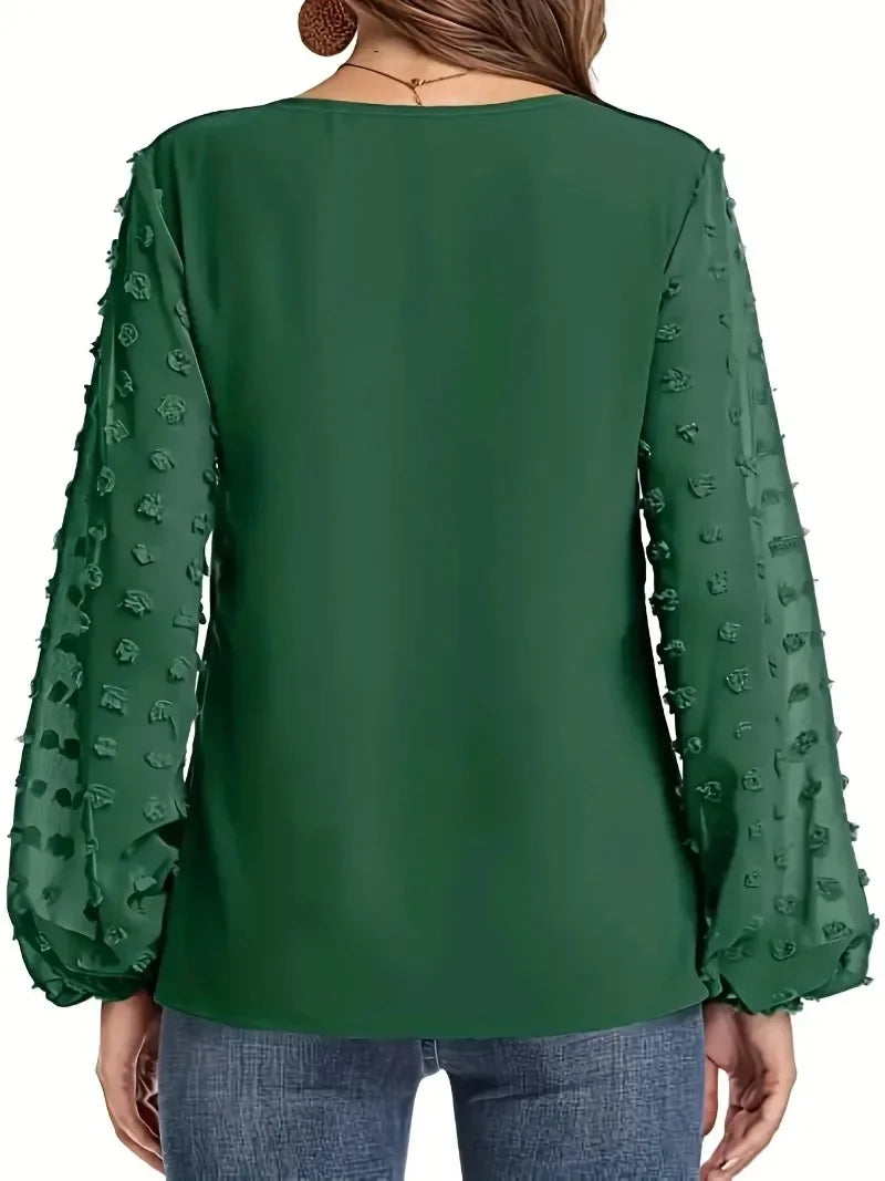 Plus Size 1XL-5XL Women's Polka Dot Sleeved Long Sleeved Casual V-neck Solid Colour Sleeves Semi Transparent Shirt