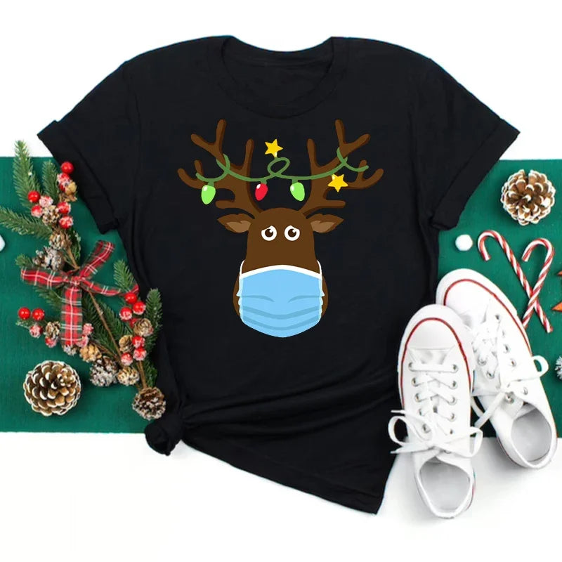 Women's Kawaii Christmas Top - Santa Claus & Deer O-Neck Y2K T-Shirt.  S-3X