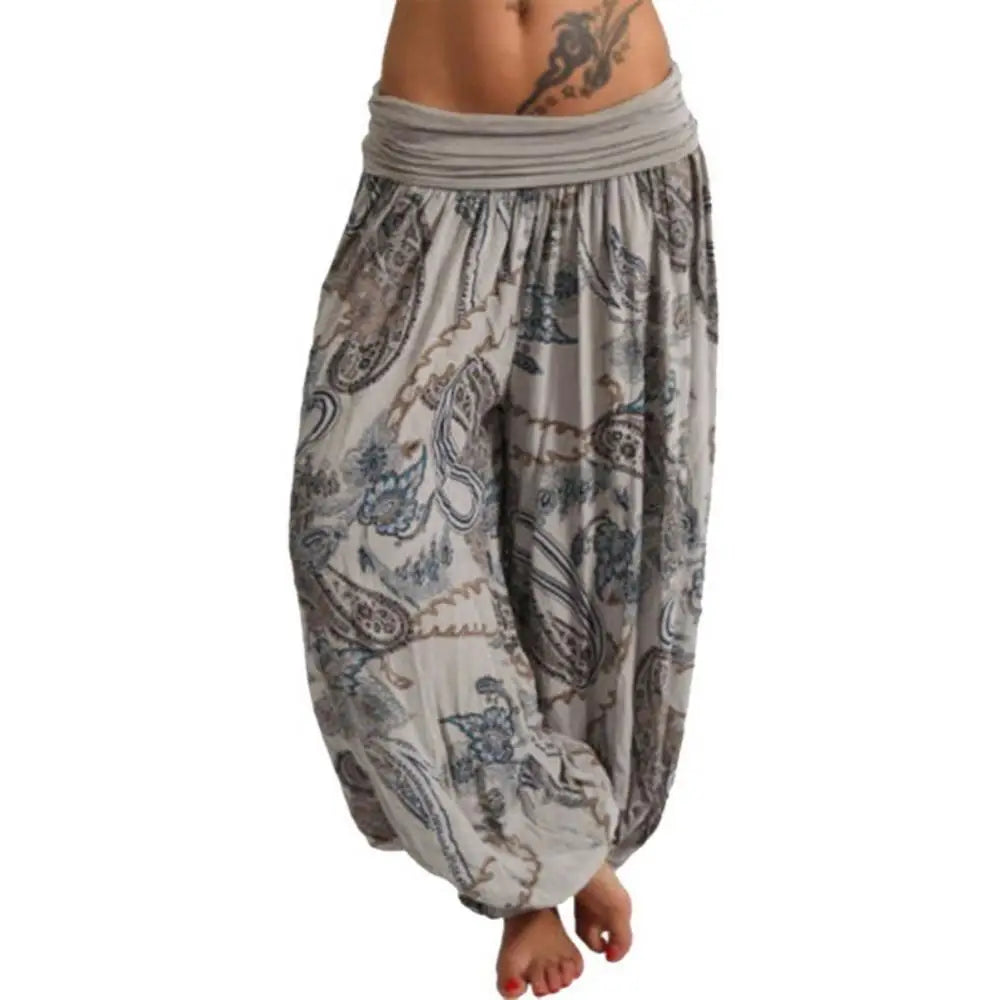 Ladies Boho Loose Pants Paisley Print High Waist Ankle Tied .