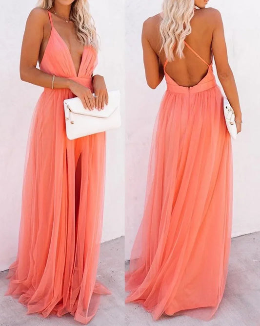 Elegant V-Neck Backless Maxi Dresses for Women Sexy Bridesmaid Wedding Evening Dress Long Slip Dress for Banquet Party.