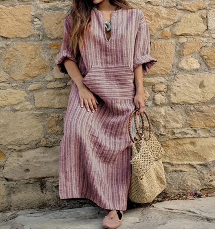 Women's Casual Loose Short Sleeve Dress, Cotton Linen  Boho Long Dress, Summer Vintage Dress.   S-5X