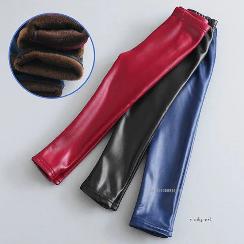 New Baby Girls Winter Leggings - Kids Thick Velvet Pencil Pants Warm Trousers Faux PU Leather Slim