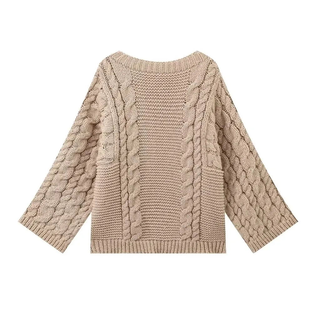 Women's Thick Line Big Twist Knitted Loose Sweater Pullover Fashion Casual Crochet Round Neck Sweaters Solid Color New Knitwear