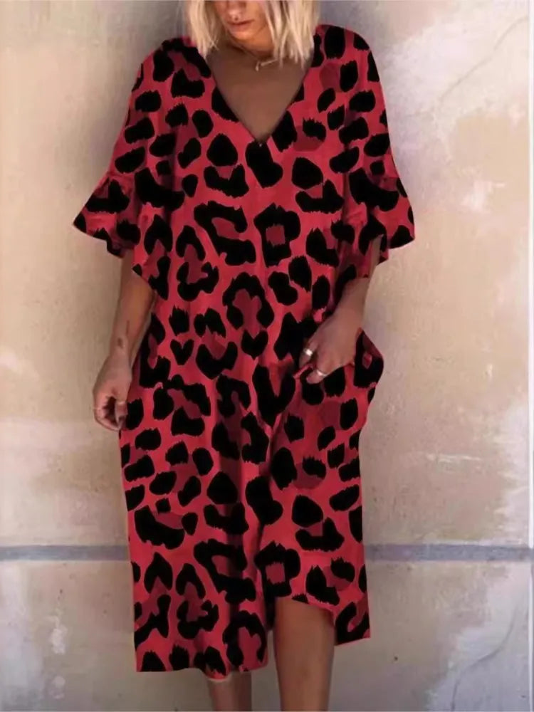 Fashion Leopard Print Dress Lady Casual Vintage V Neck Pullover Loose Dress.   S-3x