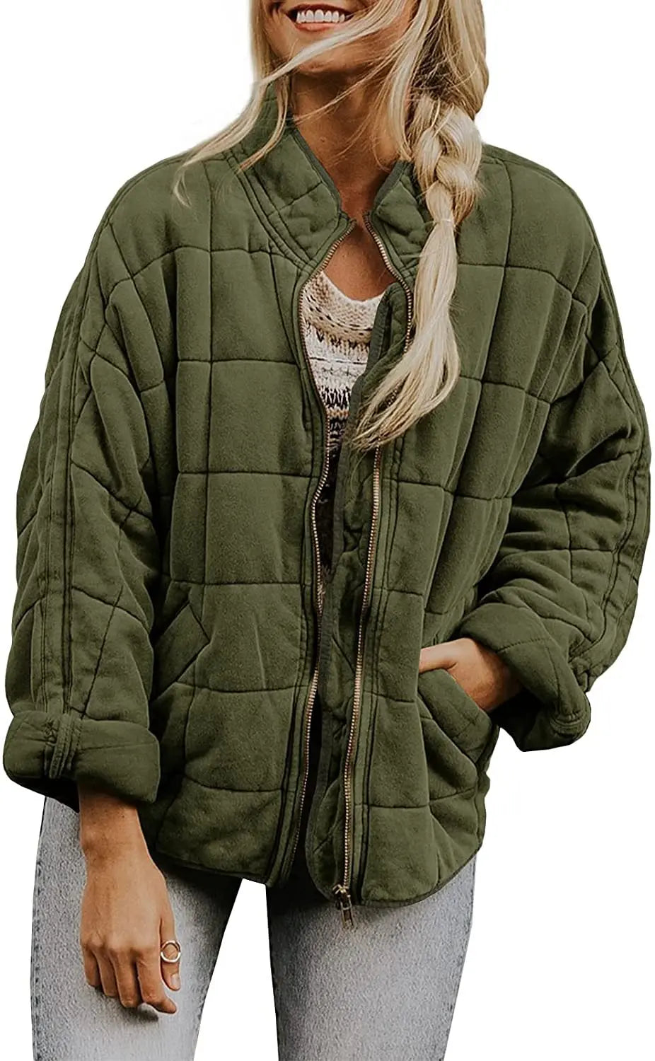 Solid Colour Stand-up Neck Cotton Jacket New Loose Pocket Long-sleeved.  S-2X