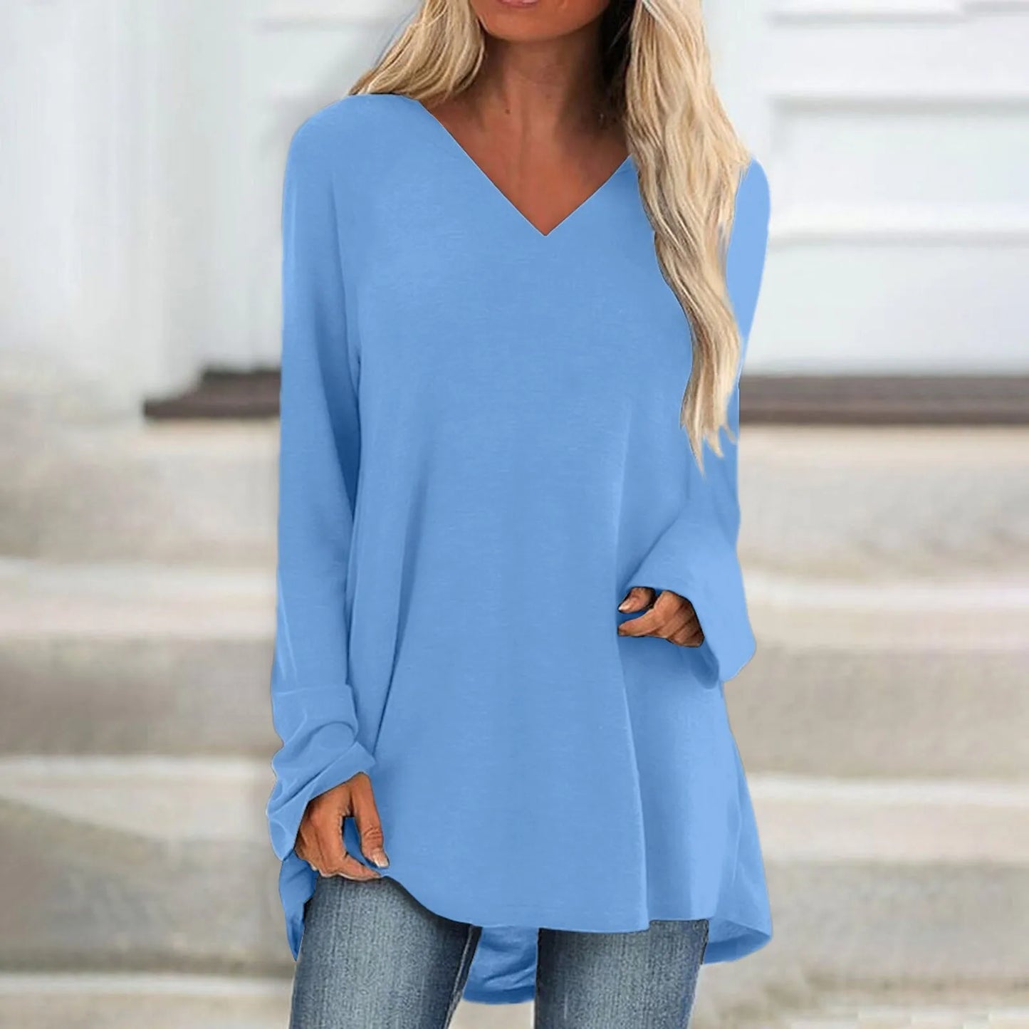 Women's Summer T-shirt Casual Long Sleeve V-Neck Solid Colour Loose Long Blouse/Shirt.  S-3xl