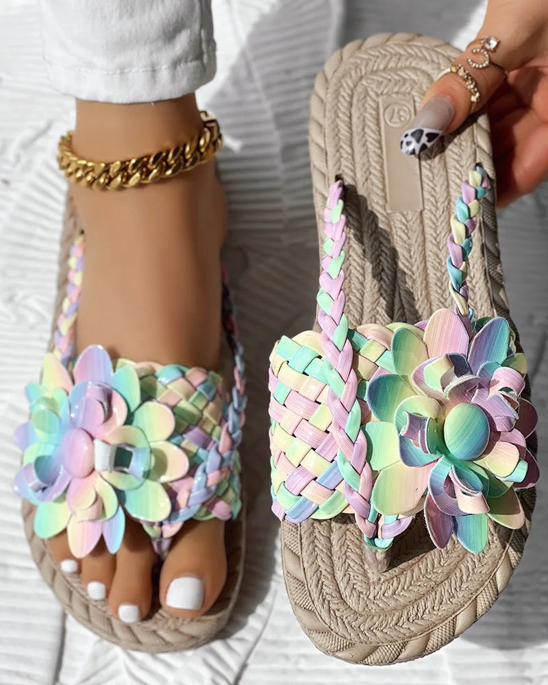 Women Solid Or Ombre Pattern Braided Casual Sandal Holographic Braided Floral Pattern