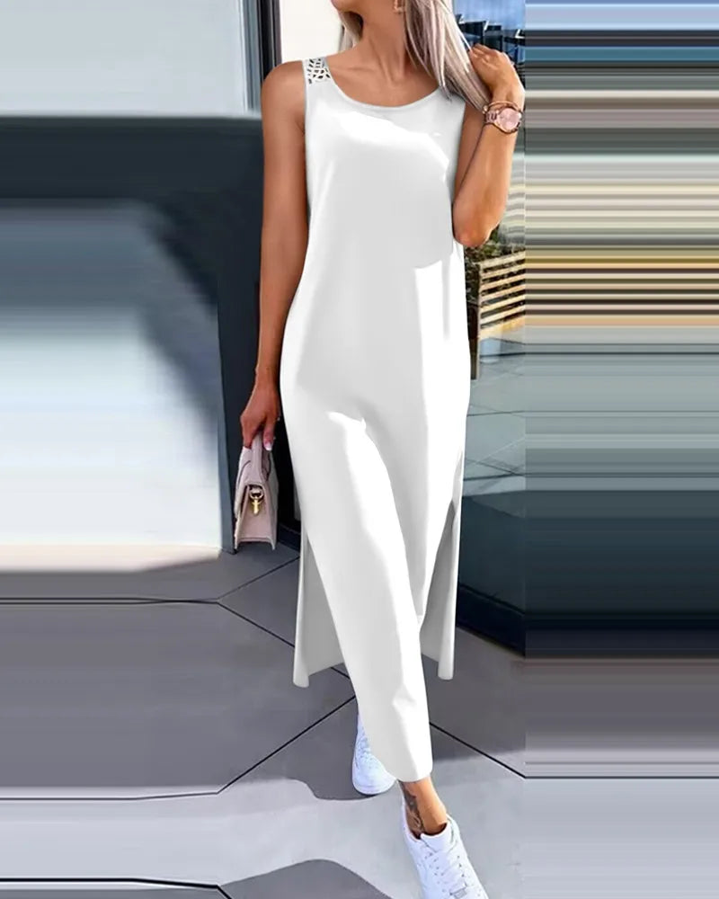 Hollow Out Solid Long Dress Women Fashion Sleeveless O-neck Maxi Dress.  S-2X