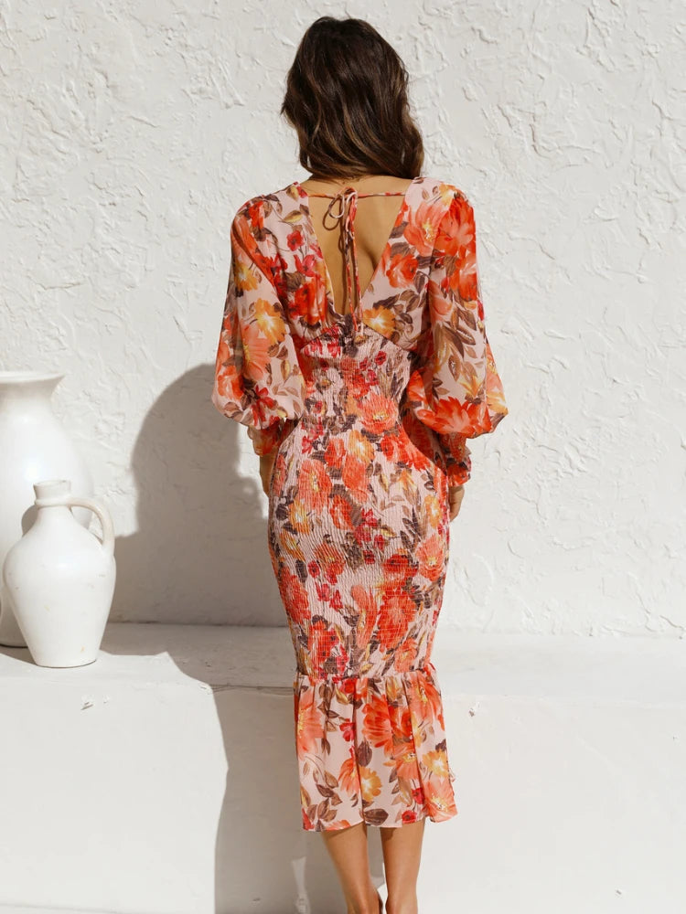 Floral Print Lantern Long Sleeve Elastic Midi Dress Women Chiffon Sexy Bodycon Ruffle Elegant Evening Party Dress.  S-2X