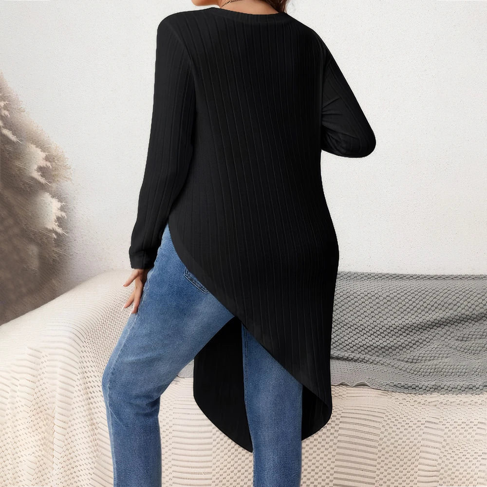 Women's Irregular Hem Ribbed Knit Top Blouses Plus Size Winter Long Sleeve Round Neck Long T-shirts Streetwear Pullovers Clothes